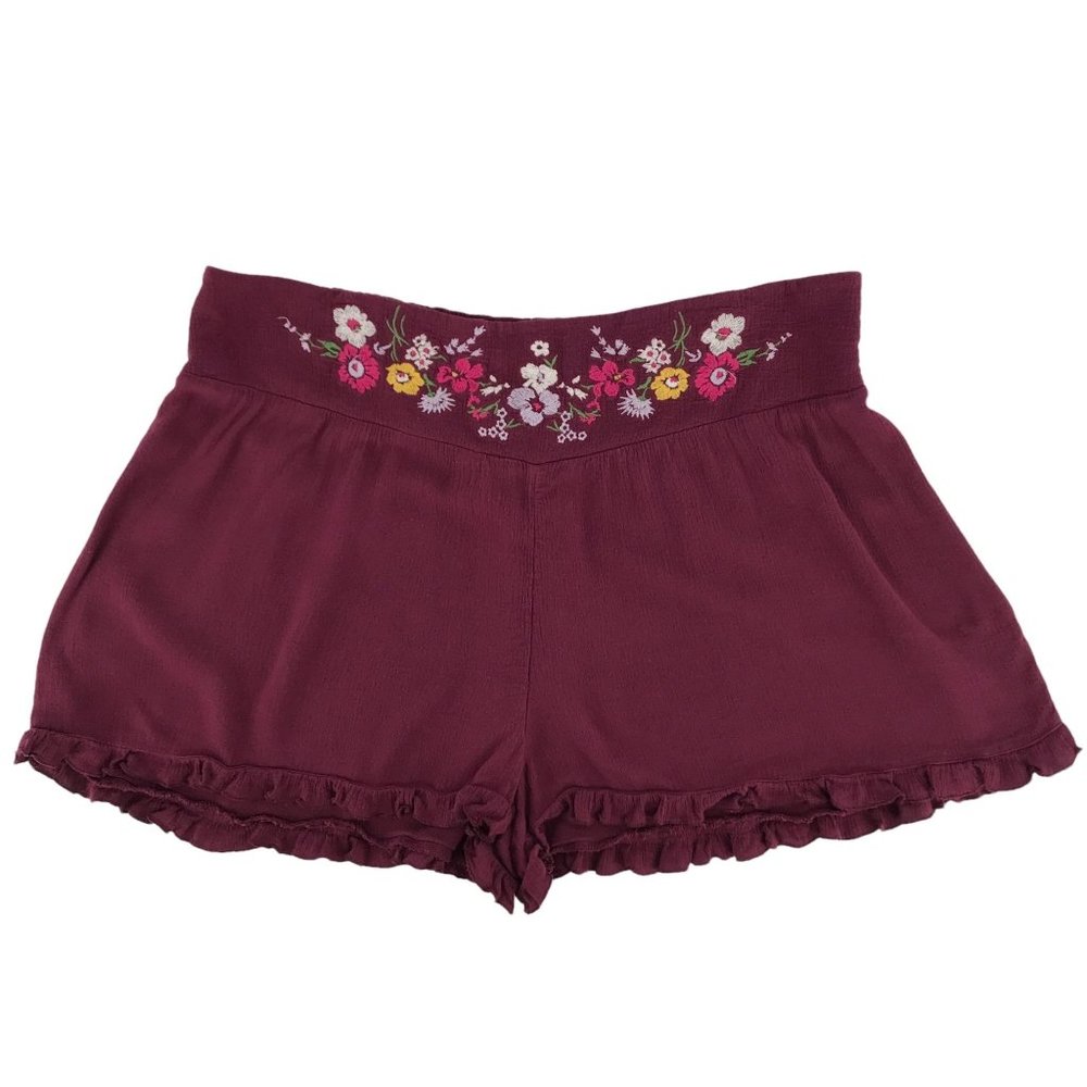 Mossimo Burgundy Embroidered Ruffled Hem Elastic Waist Shorts XL